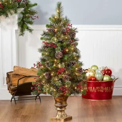 4 ft. Pre-Lit Iced Berry & Pine Tree in Bronze Urn