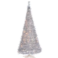 6 ft. Pre-Lit Silver Tinsel Pop-Up Christmas Tree