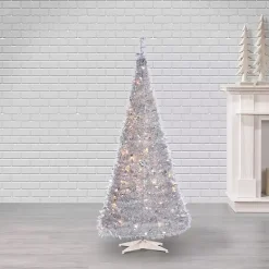 6 ft. Pre-Lit Silver Tinsel Pop-Up Christmas Tree