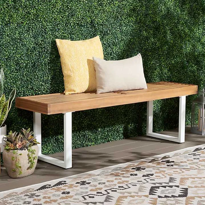 Acacia Wood and White Metal Monti Outdoor Bench