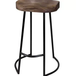 Acacia Wood Seat Wrought Iron Base Counter Stool