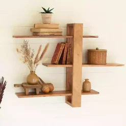 Adjustable 3-Tier Acacia Wood Wall Shelf