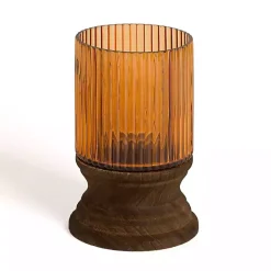 Amber Glass and Wood Hurricane, 8 in.