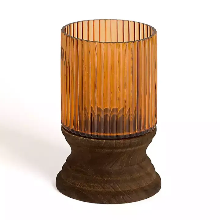 Amber Glass and Wood Hurricane, 8 in.
