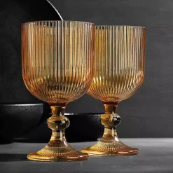 Amber Ribbed Goblet Wine Glasses, Set of 4