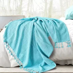 Angel Blue Checkered Weave Fringe Throw