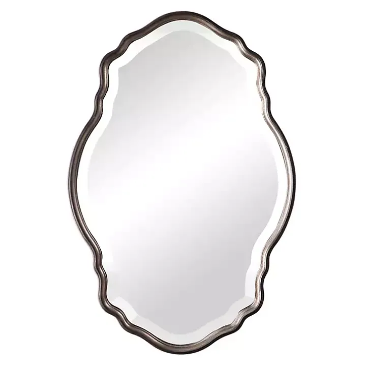 Antique Bronze and Silver Curved Wooden Mirror