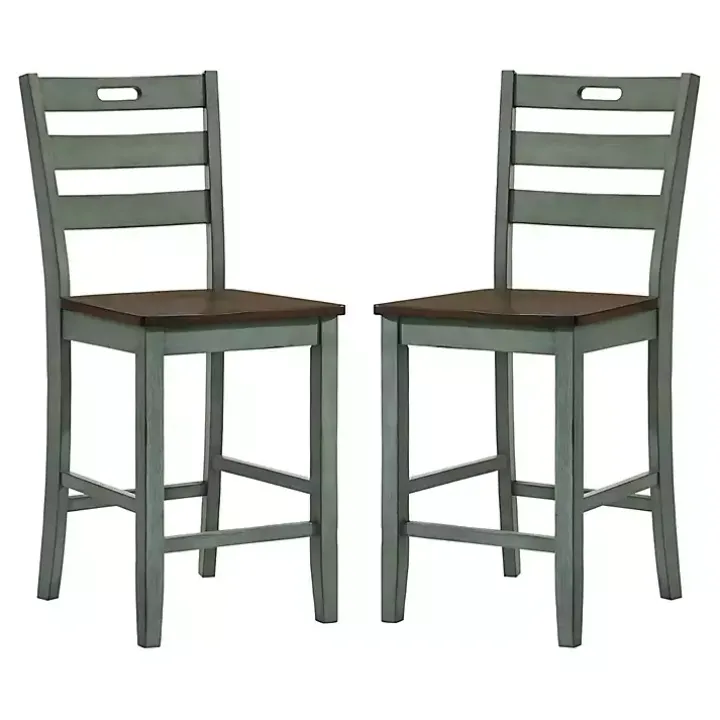 Antique Green Wood Counter Stools, Set of 2