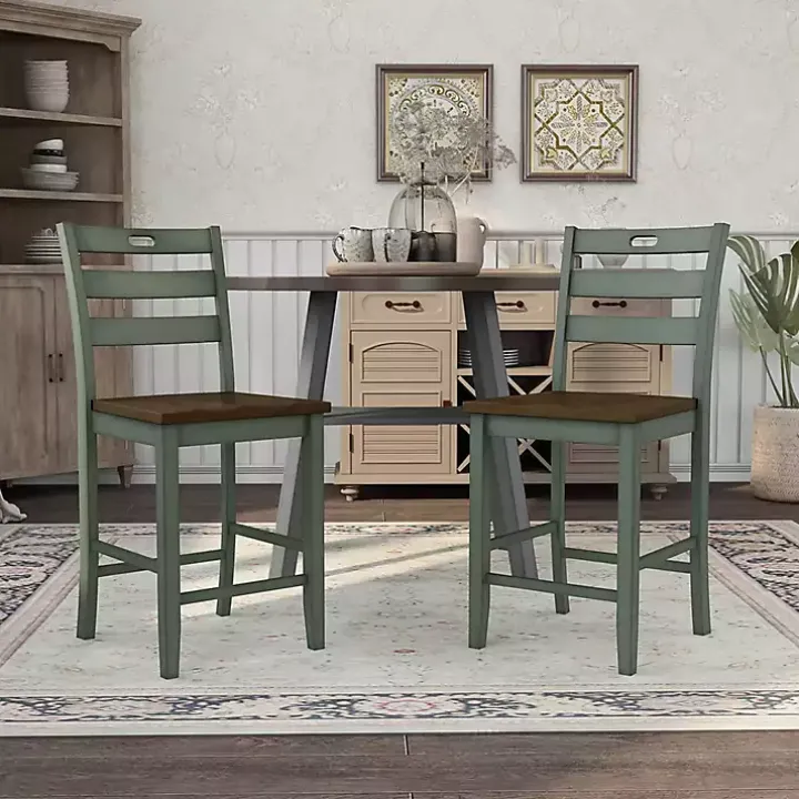 Antique Green Wood Counter Stools, Set of 2