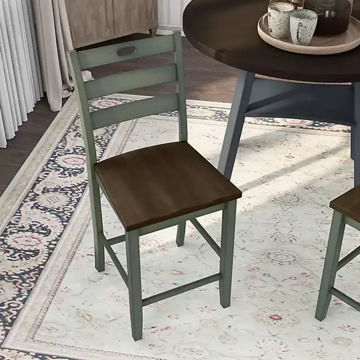 Antique Green Wood Counter Stools, Set of 2