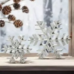 Antique Silver Wooden Snowflakes, Set of 2