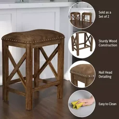 Antique Walnut Faux Leather Stools, Set of 2