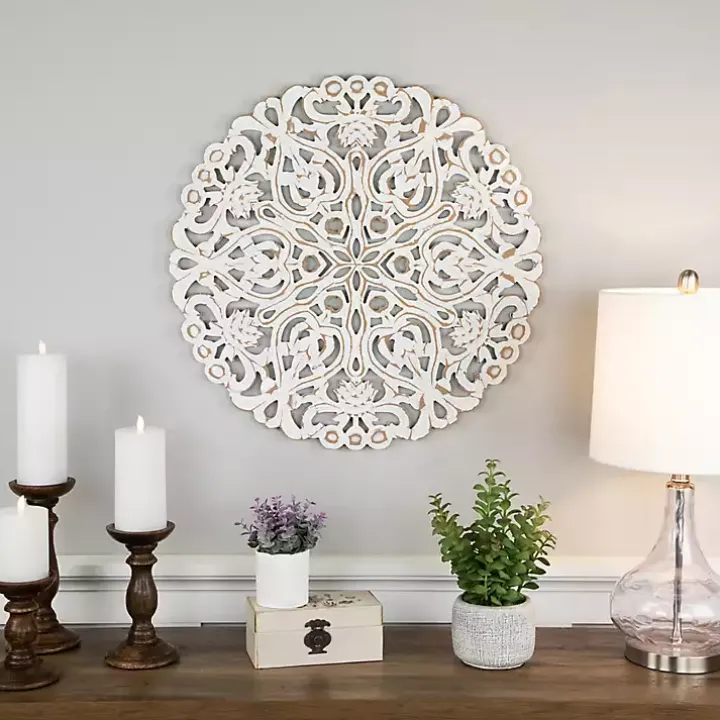 Antique White Damask Round Wall Plaque
