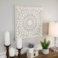 Antique White Floral Mandala Square Wall Plaque