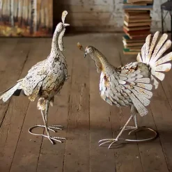 Antique White Metal Turkey Statues, Set of 2