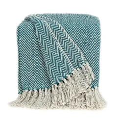 Aqua Chevron Cotton Handloomed Tassel Throw