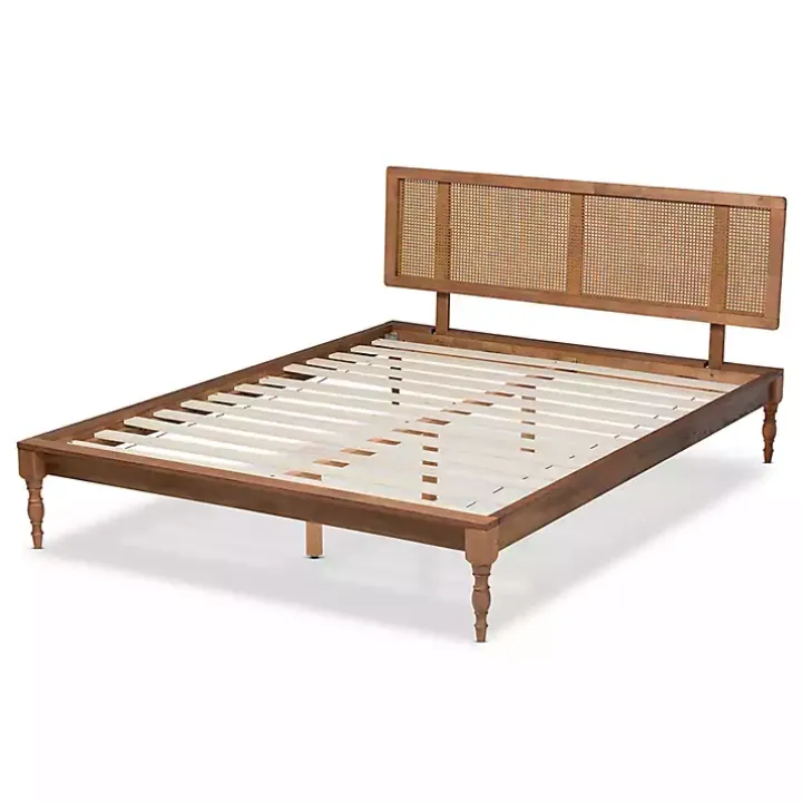 Ash Walnut Wrap-Around Rattan Platform Queen Bed