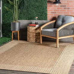 Asia Brown Stripe Border Outdoor Rug, 8x10