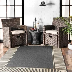 Asia Gray Stripe Border Outdoor Rug, 5x8