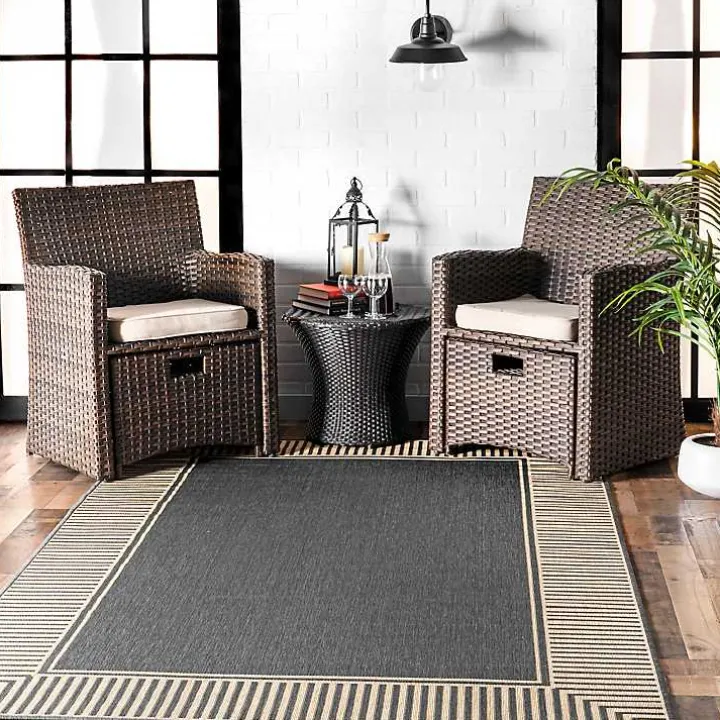 Asia Gray Stripe Border Outdoor Rug, 5x8
