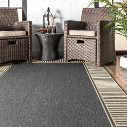 Asia Gray Stripe Border Outdoor Rug, 5x8