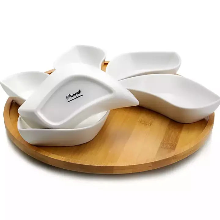 Bamboo 6 Piece Ceramic Flower Set Lazy Susan