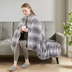 Beautyrest Gray Faux Fur Oversized Heated Throw