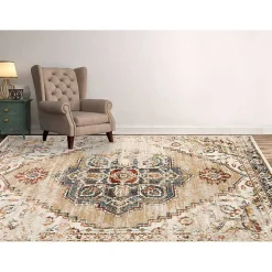 Beige and Gold Medallion Area Rug, 7x9
