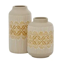 Beige and Yellow Acanthus Print Vases, Set of 2