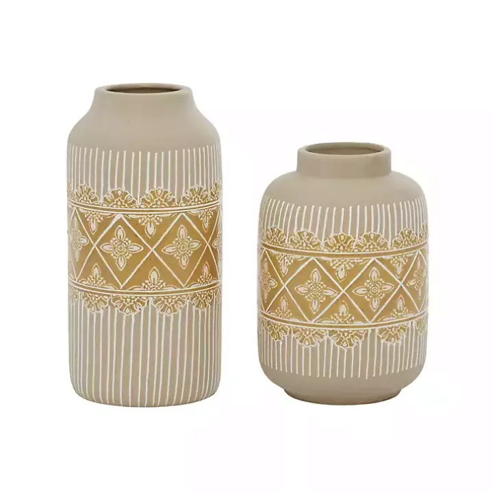 Beige and Yellow Acanthus Print Vases, Set of 2