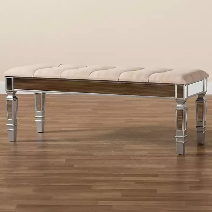 Beige Button Tufted Bench with Mirrored Base