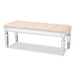 Beige Button Tufted Bench with Mirrored Base