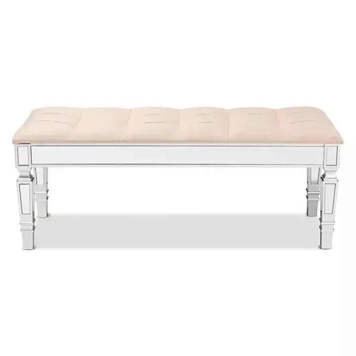 Beige Button Tufted Bench with Mirrored Base