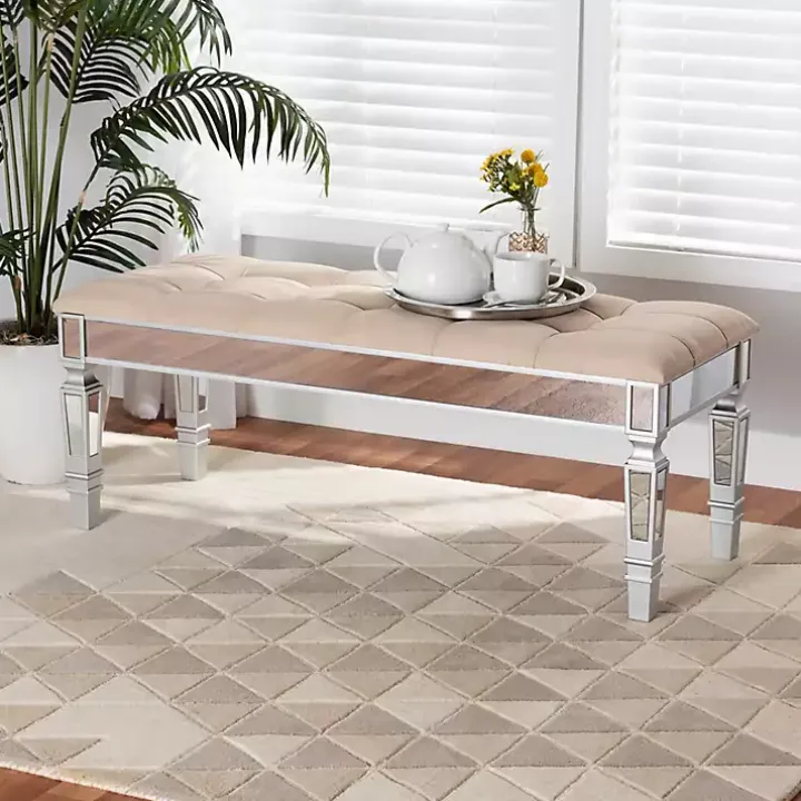 Beige Button Tufted Bench with Mirrored Base