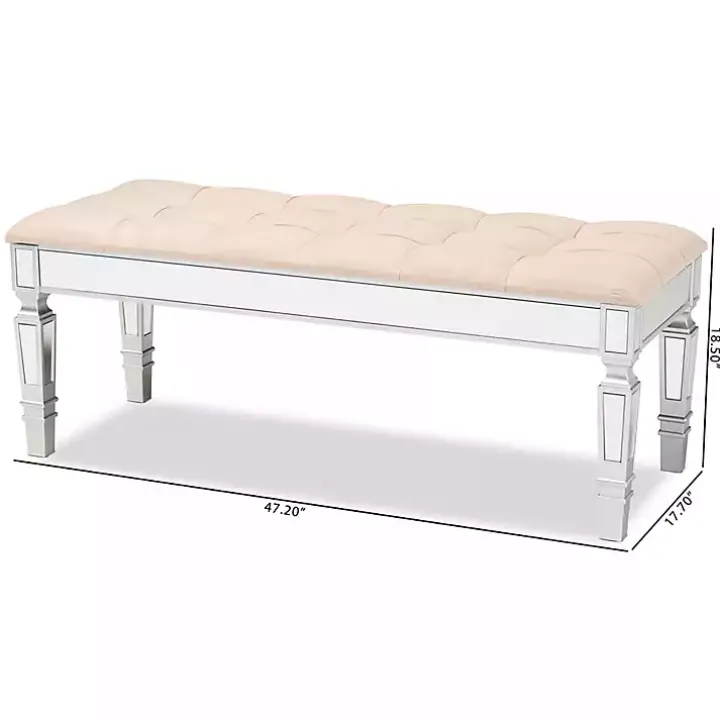 Beige Button Tufted Bench with Mirrored Base