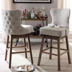 Beige Button Tufted Swivel Bar Stools, Set of 2