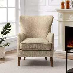 Beige Floral Damask Wingback Accent Chair