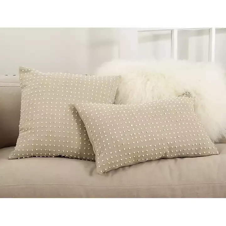 Beige French Knotted Lumbar Throw Pillow