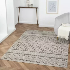 Beige Geometric Stripe Washable Area Rug, 7x9