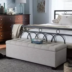 Beige Grid-Tufted Contemporary Storage Bench