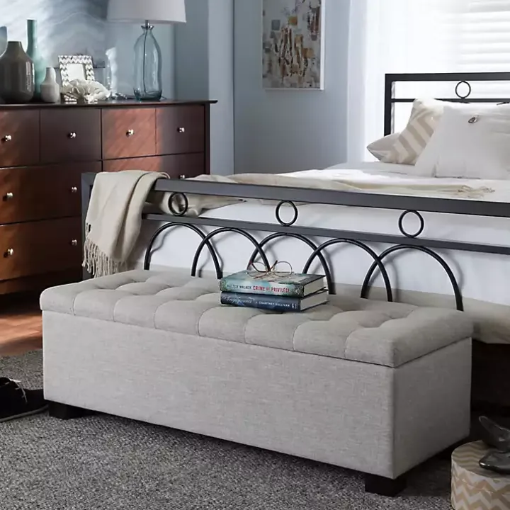 Beige Grid-Tufted Contemporary Storage Bench