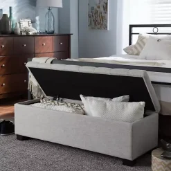 Beige Grid-Tufted Contemporary Storage Bench