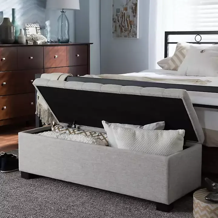 Beige Grid-Tufted Contemporary Storage Bench