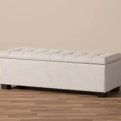 Beige Grid-Tufted Contemporary Storage Bench