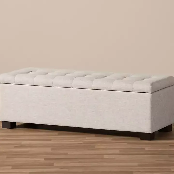 Beige Grid-Tufted Contemporary Storage Bench
