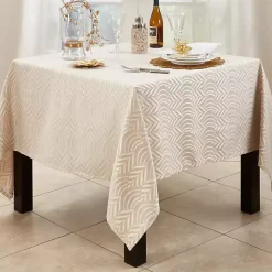 Beige Jacquard Leaf Tablecloth, 72 in.