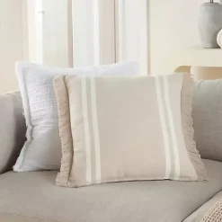 Beige Striped Linen Throw Pillow