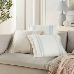 Beige Striped Linen Throw Pillow