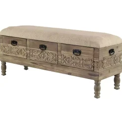 Beige Upholstered Acanthus Carved Wooden Bench