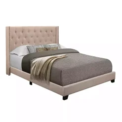 Beige Upholstered Button Tufted Wing Queen Bed